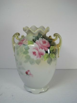Antique/vintage Nippon Hand Painted 2 Handles Vase Pink Roses 6 " Tall