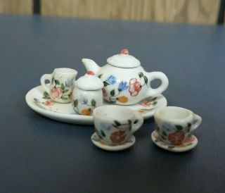 Vintage Tiny Miniature Porcelain Dollhouse Tea Set Pink Floral 10 Piece