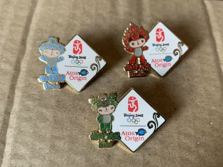 3x Very Rare Olympics Pin Badges Beijing 2008 Mascots Sponsor Atos Origin Set