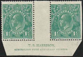 Kgv Stamps: 1 1/2d Green Single Wmk T.  S.  Harrison Imprint Fine Pair Rare