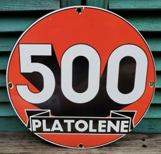 Vintage Platolene 500 Racing Fuel Gas & Oil Metal Porcelain Pump Plate Sign Rare