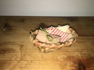 Vintage Miniature Doll Woven Laundry Basket With Cloth,  Towels