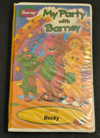 Rare Personalized Kideo Vhs My Party With Barney " Becky " Clamshell Purple Tape