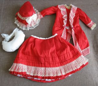 Vintage Doll Outfit Red Cotton With Off - White Lace Coat Skirt W/ Bustle & Bonnet