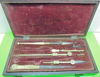 Rare Early Georgian Victorian Antique Cased Part Set Old Drawing Instruments