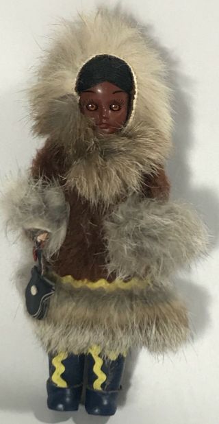 Vintage Native American Indian Eskimo,  Plastic Doll,  Leather Dress 6” Gift
