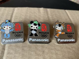 3x Very Rare Olympics Pin Badges Beijing 2008 Mascots Sponsor Panasonic Set