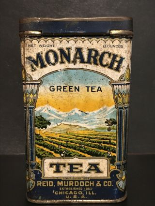 Vintage Antique Monarch GREEN TEA 8 oz tin can Reid Murdoch & Co,  Chicago IL 2