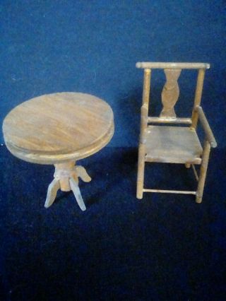 2 Piece Vintage Miniature Wooden Furniture For Doll House Chair And Table