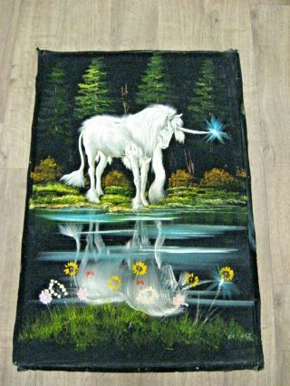 Vtg Black Velvet Unicorn Painting Signed Magical Mythical Unicorn Painting 36x24
