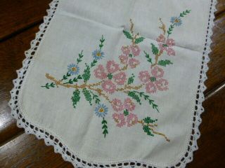 Vintage Hand Embroidered Table Runner Dresser Scarf Pink Floral Crochet Edge