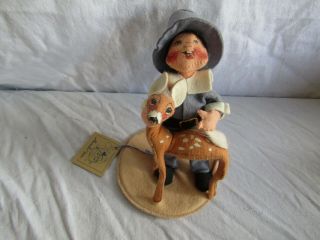 Vintage Doll Set 2 Annalee Felt Painted Face 8 Inch Thanksgiving Pilgrim & Deer