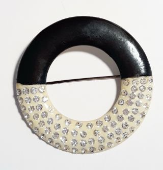Antique Art Deco Black & White Rhinestone Decorated Lucite Circle Brooch Pin 2