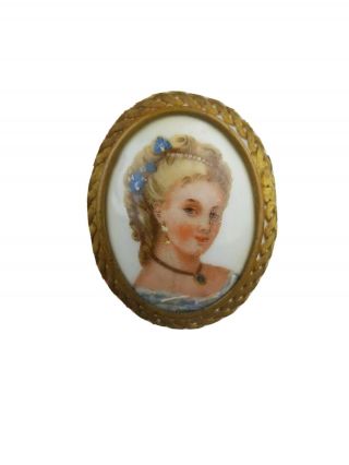 Antique Hand Painted Limoges France Porcelain Victorian Lady Portrait Pin Brooch