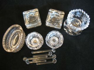 5 Antique Vintage Cut Glass Open Salts & 6 Glass Spoons & Toothpick Holder
