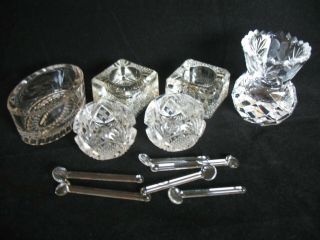 5 Antique Vintage Cut Glass Open Salts & 6 Glass Spoons & Toothpick Holder 2