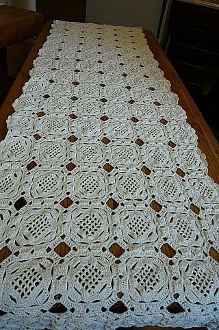 Crochet Antique White Runner/curtain - Squares & Mesh Design - 19 X 70 "