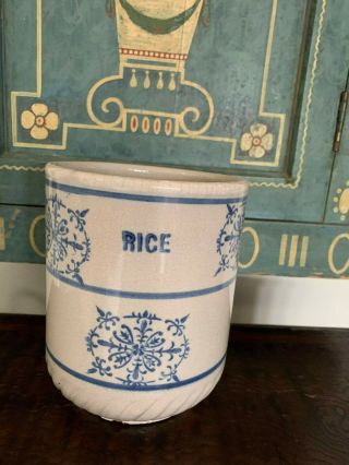 Antique Stoneware Blue White Rice Canister Snowflake