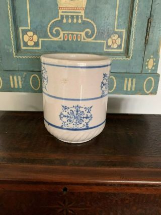 ANTIQUE STONEWARE BLUE WHITE RICE CANISTER SNOWFLAKE 3