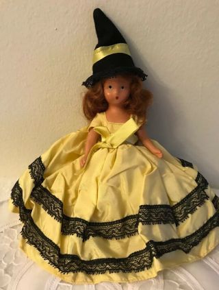 Antique Vintage Nancy Ann Storybook Doll Yellow Black Dress Hat Auburn Hair
