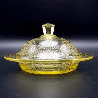 Hazel Atlas Glass Yellow Florentine Poppy 2 Covered Butter Dish With Lid Rare