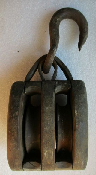 Antique Wood & Iron Double Block & Tackle Pulley Hoist W/ Hook " Star " Label