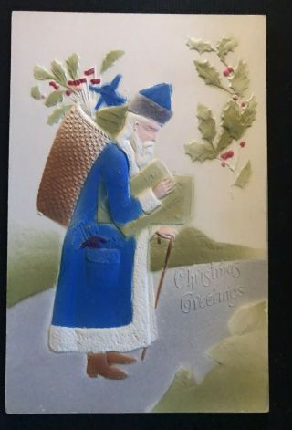 Scarce Blue Robe Santa Claus Toys Antique Airbrushed Christmas Postcard - A835