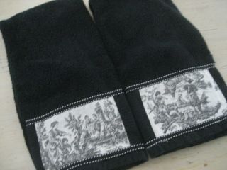 Set 2 Hand Sewn Waverly Black Toile Hand Towels Pair Ribbon Trim French Country