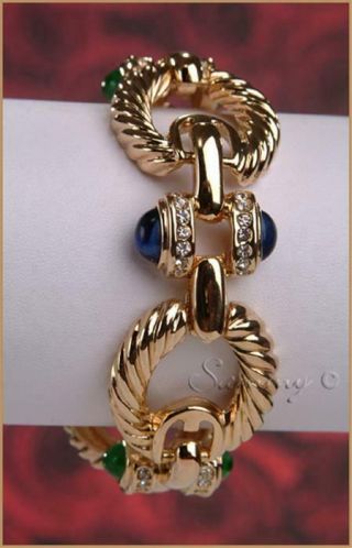 Rare Joan Rivers Gold W Sapphire Ruby Emerald Gripoix Etruscan Bracelet