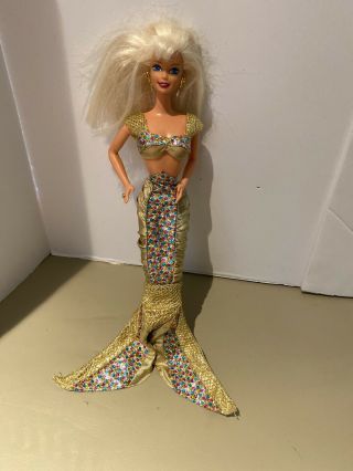 Vintage 1995 Jewel Hair Mermaid Barbie W/ Clothes Outfit Gold Cut Hair