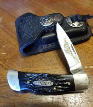 Vtg Rare 1998 Harley Davidson Usa Hd - 3 440 Ss Folding Lockback Knife W/sheath