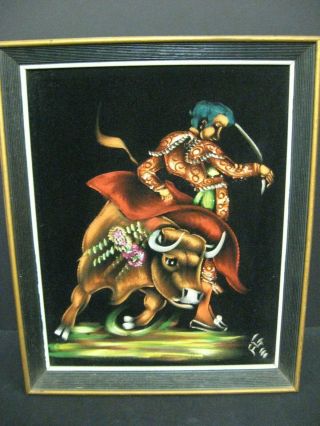 Vtg Black Velvet Painting Spanish Matador Bull Fighter Painting Signed & Framed