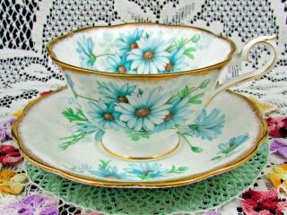 Royal Albert Marguerite Blue Daisy Sponged Gold Fluted Tea Cup & Saucer