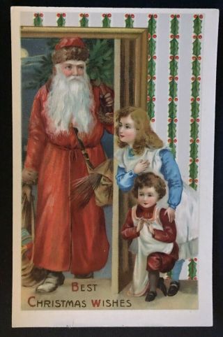 Long Robe Santa Claus With Victorian Children Antique Christmas Postcard - - A399