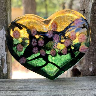 Robert Held Art Glass 2.  5 " Heart Paperweight Rare Poppies Signed Canada
