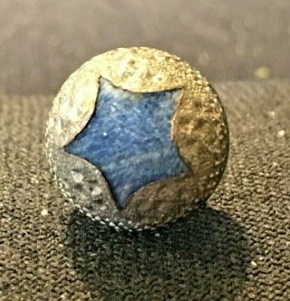 Vintage Dark Gold Tone Metal Round Ball W Cut Out Star Blue Fabric Peeking Out