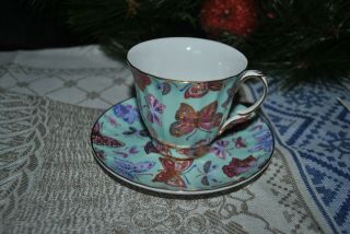 Vtg Demitasse Tea Cup Saucer Butterfly Fine China Blue Gold Trim