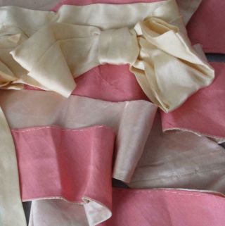 Antique C1900 Cream Silk Satin 2 " Ribbon Sash W Bow,  100 " Pink Flounce Trim
