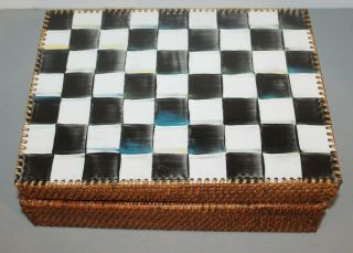 Mackenzie Childs Courtly Check Enamel & Rattan Large Storage Box Rare As - Is