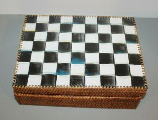 Mackenzie Childs Courtly Check Enamel & Rattan Large Storage Box RARE As - Is 2
