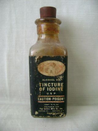 Vintage Antique Tincture Of Iodine Glass Bottle W/glass Apply Stick Poison Label