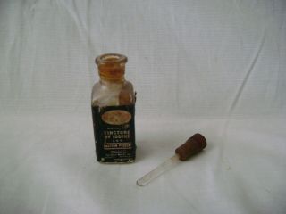 Vintage Antique Tincture of Iodine Glass Bottle w/Glass Apply Stick Poison Label 2