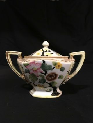 Antique Nippon Hand Painted Sugar Bowl With Lid Floral Pattern