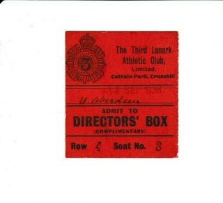 Rare Third Lanark Directors Box Ticket Stub - 1938