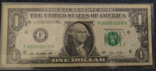 Rare Extremely Low Serial Number $1 One Dollar Bill Three Digit Series 2013