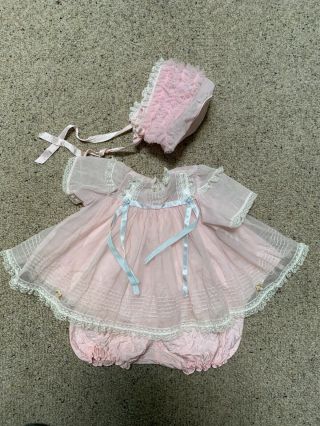 Vintage Doll Outfit Madame Alexander “mary Mine ‘ Baby Doll Pink Dress & Bonnet