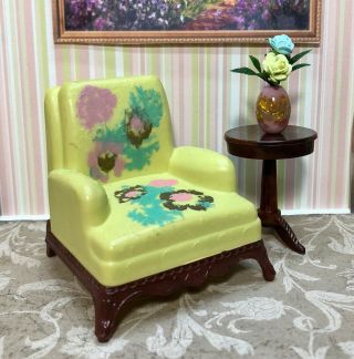 Renwal Club Chair & Table Vintage Tin Dollhouse Furniture Ideal Plastic 1:16