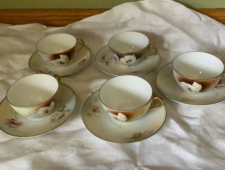 5 Antique Royal Rudolstadt Tea Cups And Saucers Hand - Painted Gold Trimmed