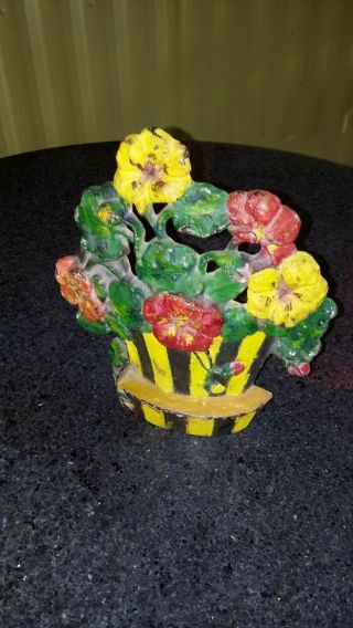 Antique Colorful Cast Iron Pot Of Flowers Painted Door Stop 7 1/8 " X 6 1/2 "
