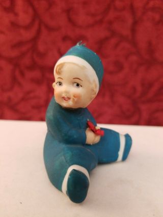 Antique/vintage German All Bisque Nodder Miniautre Boy Doll Sitting In Blue 2in.